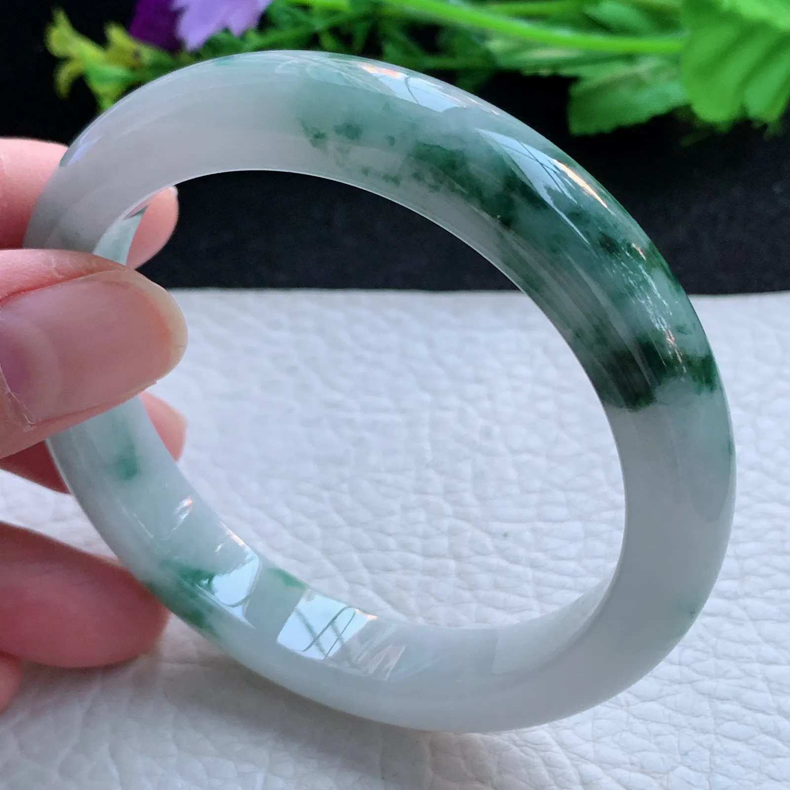js大圈口58.5*11:8*8.3平安镯 缅甸翡翠a货玉手镯冰飘花宽边玉手环