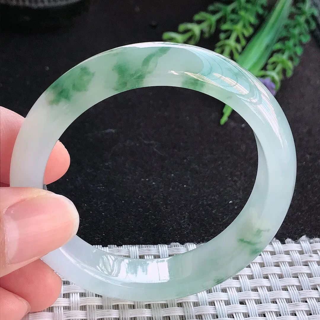 天然A货翡翠52/12.7/8老坑冰胶果冻冰飘花小圈口手镯宽边玉手镯