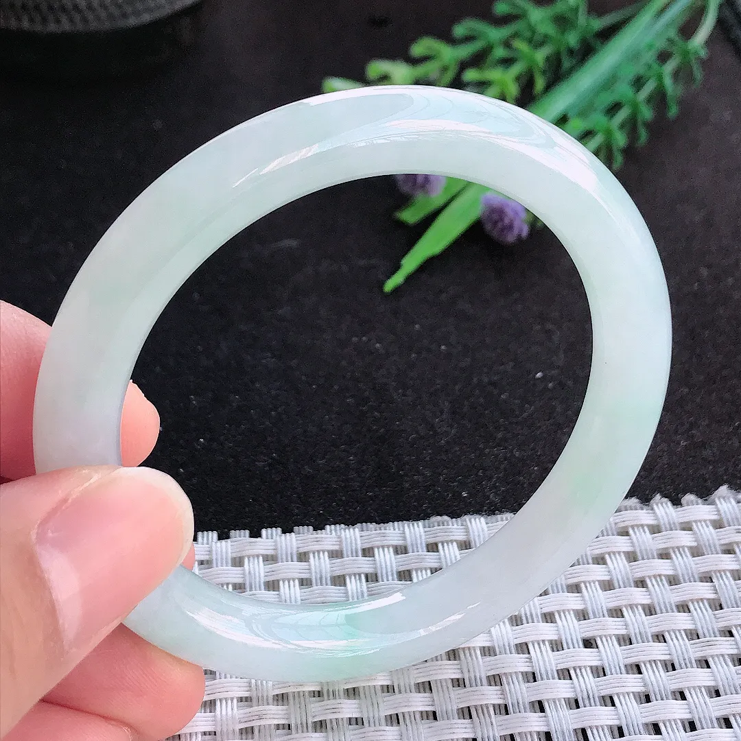 天然A货翡翠53/8.6老坑秀气冰胶冰晴圆条手镯玉手镯