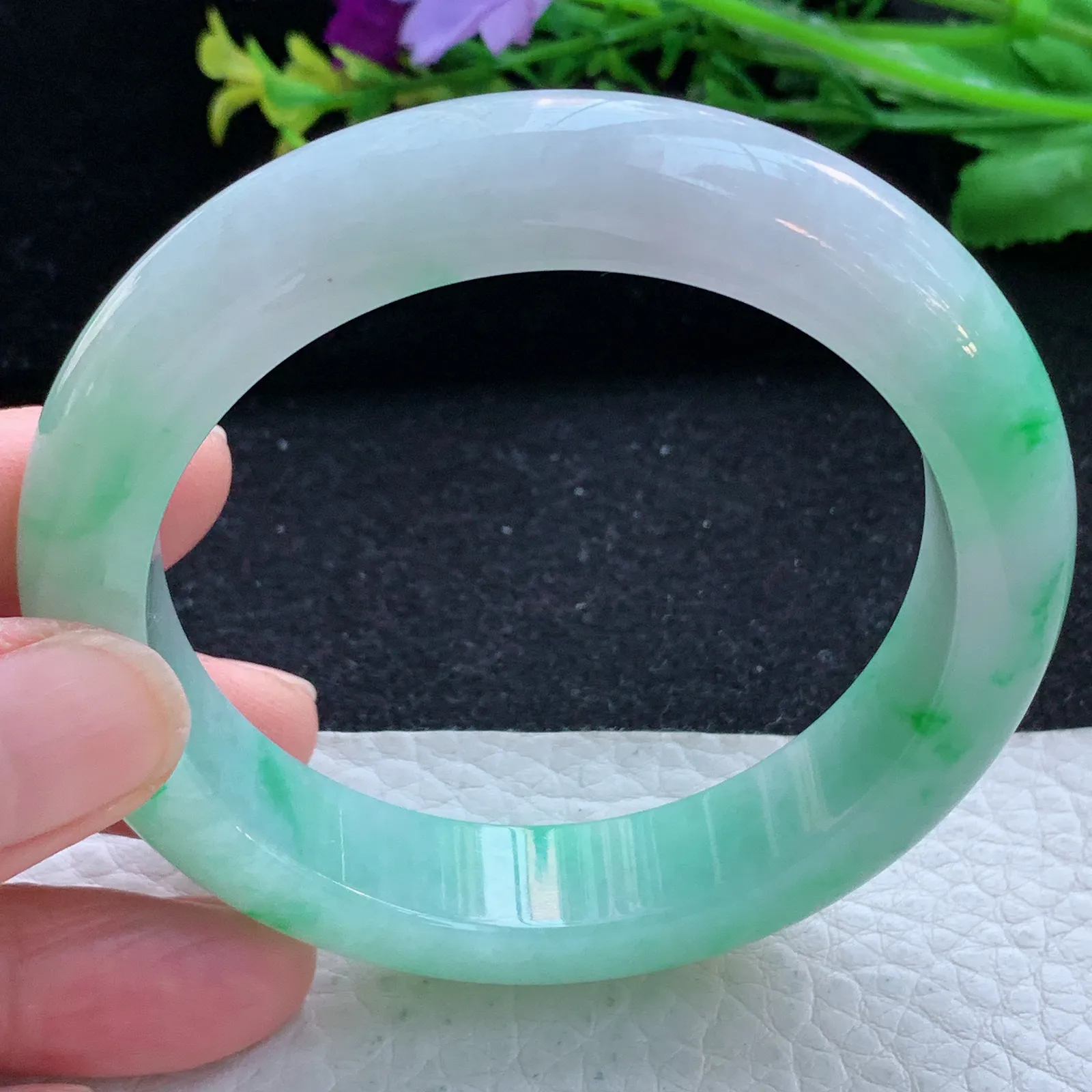 xd自然光57*13.2*9.2平安镯 缅甸翡翠a货玉手镯飘绿花宽边玉手环