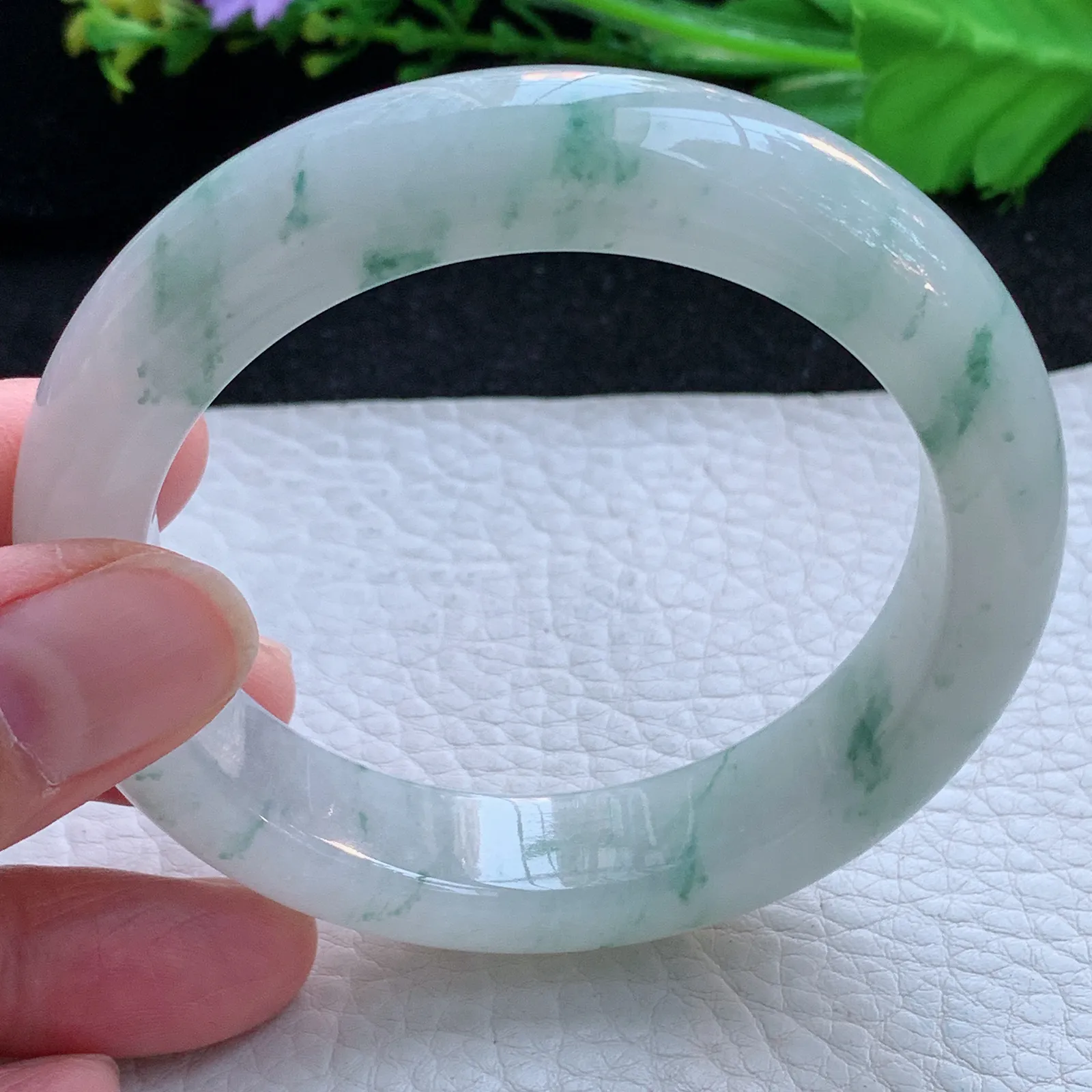 js自然光56*13.3*9.3平安镯 缅甸翡翠a货玉手镯冰飘花宽边玉手环