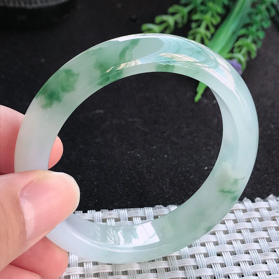 天然A货翡翠52/12.7/8老坑冰胶果冻冰飘花小圈口手镯宽边玉手镯