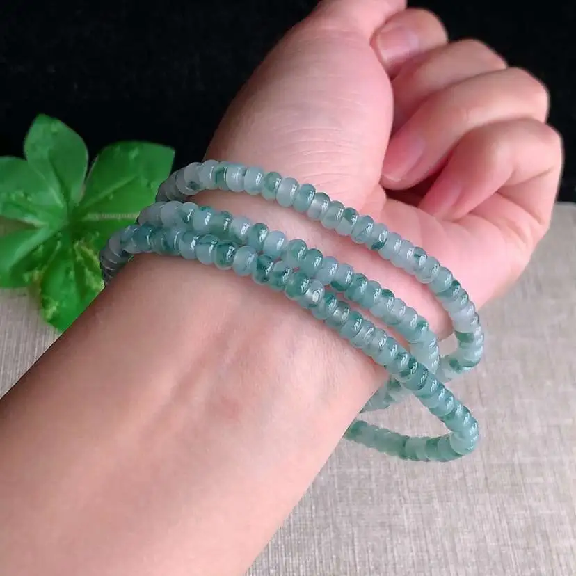 a货翡翠老坑冰种飘花算盘珠项链毛衣链  尺寸5×3mm 重量35.28g 1130