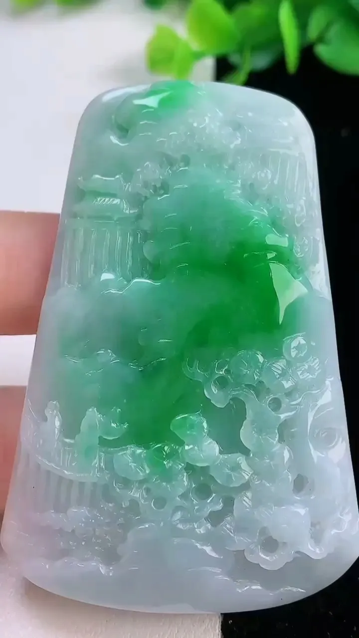 天然A货翡翠山水牌吊坠，尺寸64.8-42.3-8，重量:46.22g
12月1日