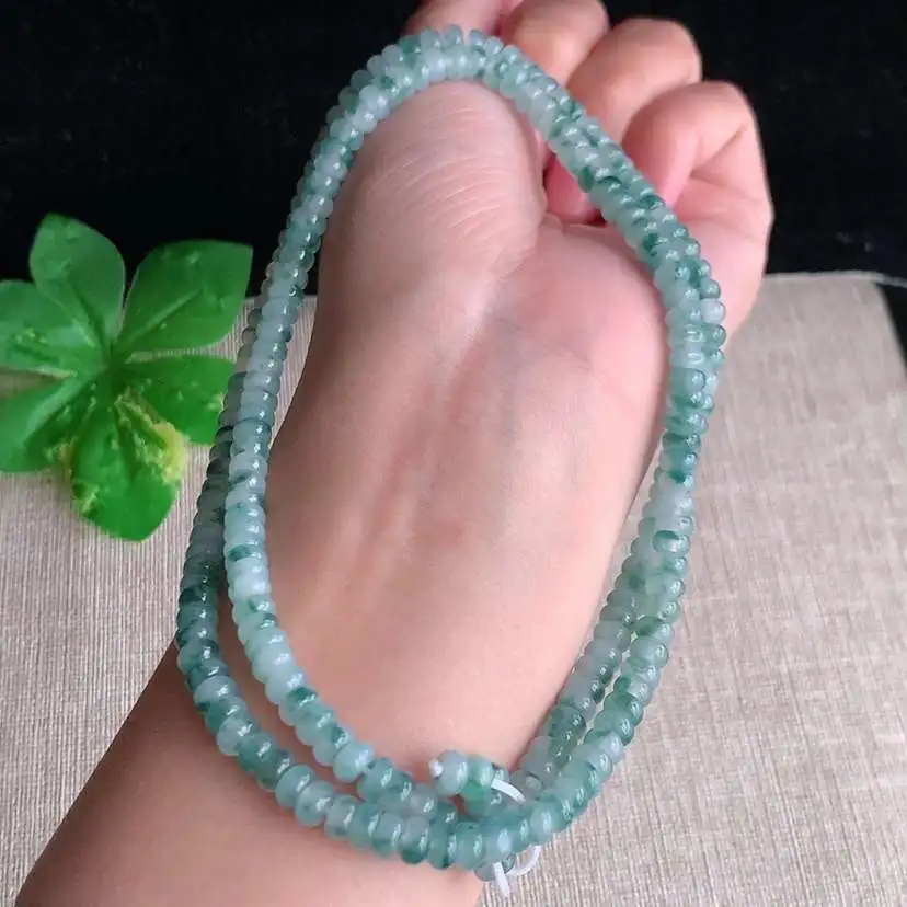 a货翡翠老坑冰种飘花算盘珠项链毛衣链  尺寸5×3mm 重量35.28g 1130