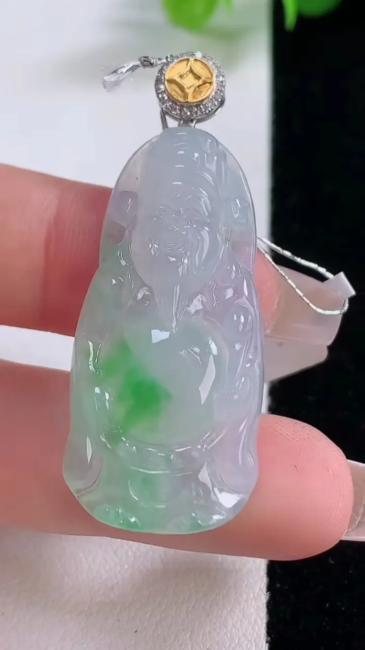 天然A货翡翠财神爷吊坠，尺寸38-17.7-5.6，重量:7.62g
12月5日