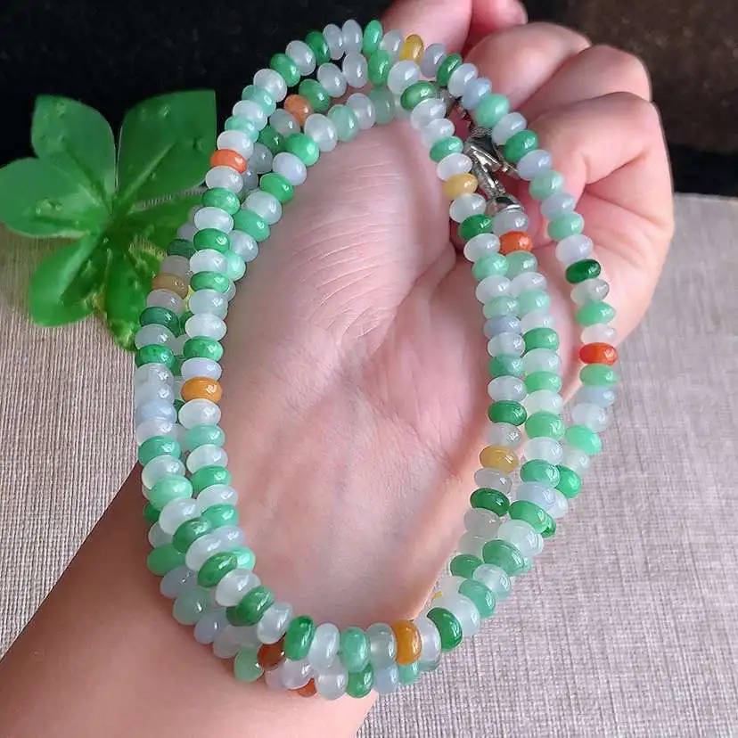 a货翡翠老坑冰种多彩算盘珠项链毛衣链  尺寸5.7×3mm 重量53.72g 1206