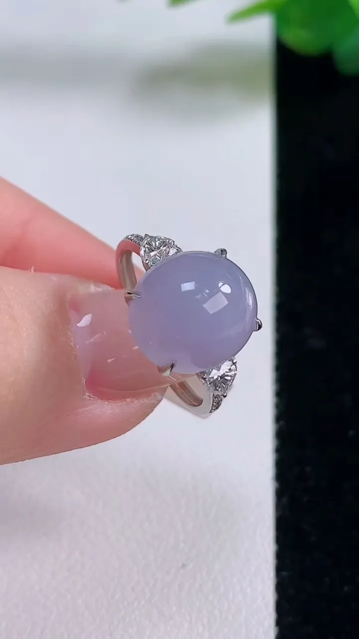 天然A货翡翠18K金紫罗兰蛋面戒指，尺寸17.6-11.7-10.5-7.5，重量:3.05g202