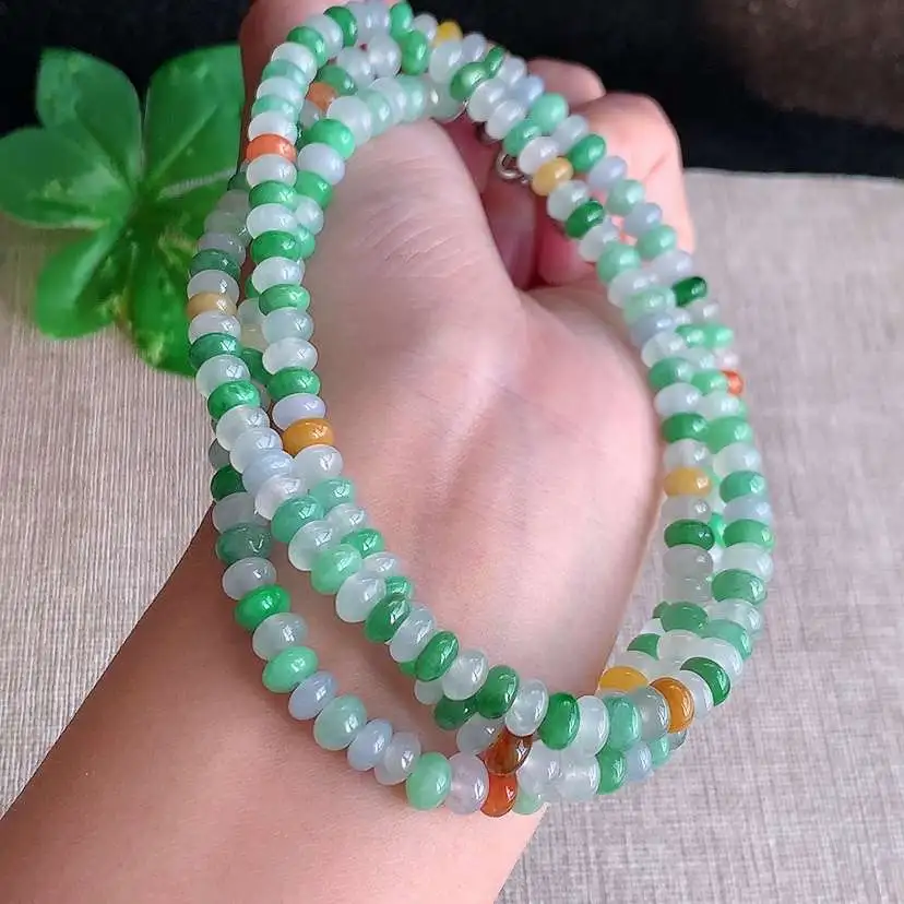 a货翡翠老坑冰种多彩算盘珠项链毛衣链  尺寸5.7×3mm 重量53.72g 1206