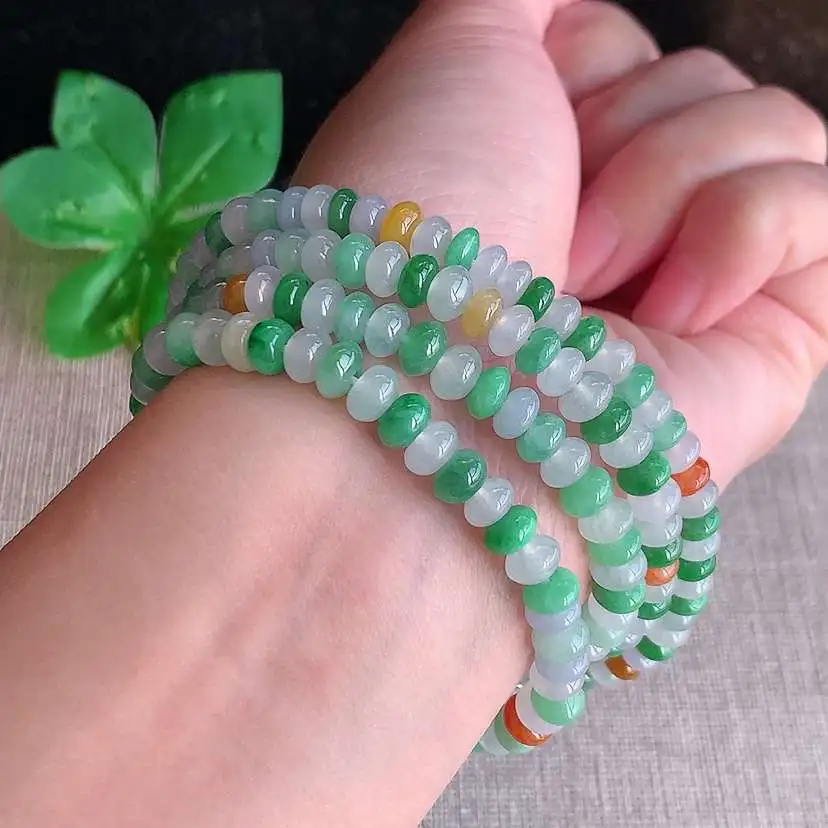 a货翡翠老坑冰种多彩算盘珠项链毛衣链  尺寸5.7×3mm 重量53.72g 1206