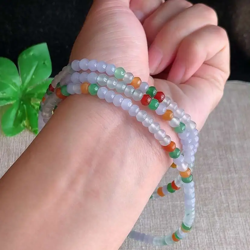 a货翡翠老坑冰种多彩算盘珠项链毛衣链  尺寸4.4×3.4mm 重量32.45g 1209