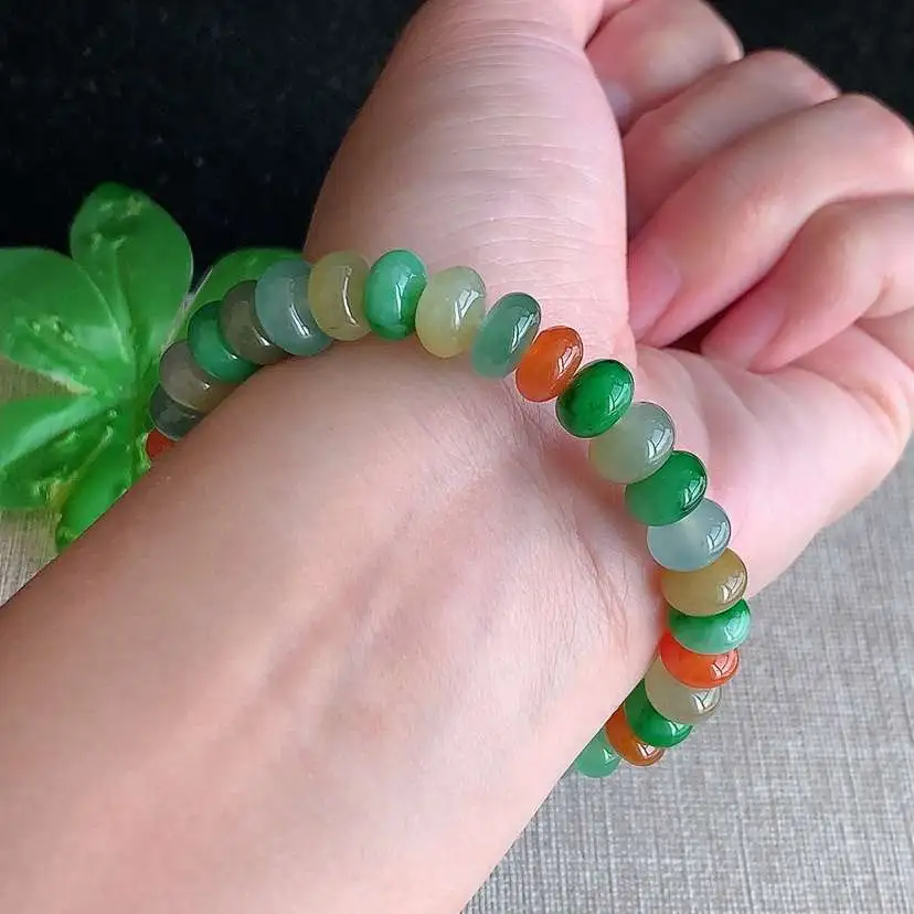 a货翡翠老坑冰种多彩算盘珠手串33颗 尺寸9.5×4.7mm 重量23.29g 1209