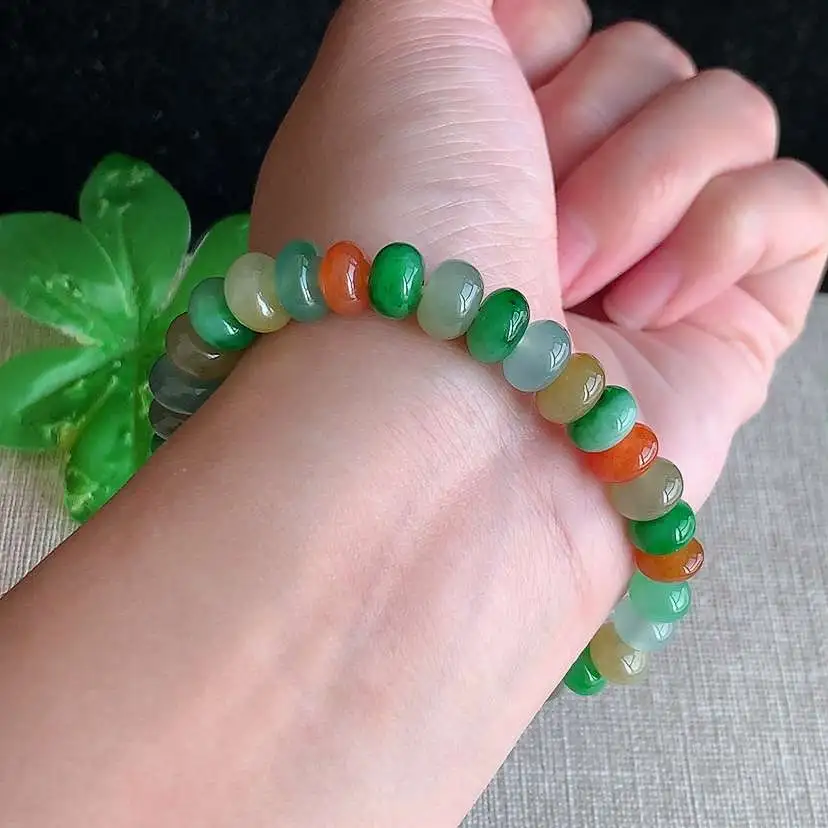 a货翡翠老坑冰种多彩算盘珠手串33颗 尺寸9.5×4.7mm 重量23.29g 1209