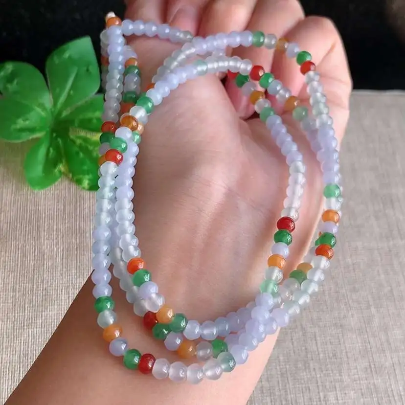 a货翡翠老坑冰种多彩算盘珠项链毛衣链  尺寸4.4×3.4mm 重量32.45g 1209