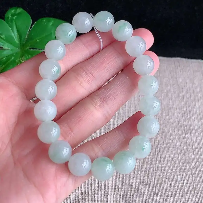 a货翡翠冰种飘绿圆珠佛珠手串19颗 尺寸10.4mm 重量38.88g 1210