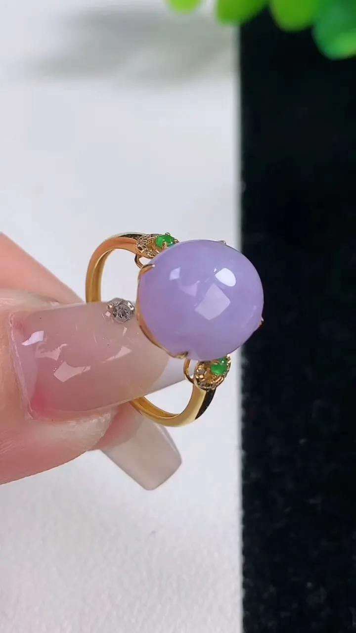天然A货翡翠18K金紫罗兰蛋面戒指，尺寸17.9-11.6-10.2-6.3，重量:2.31g202