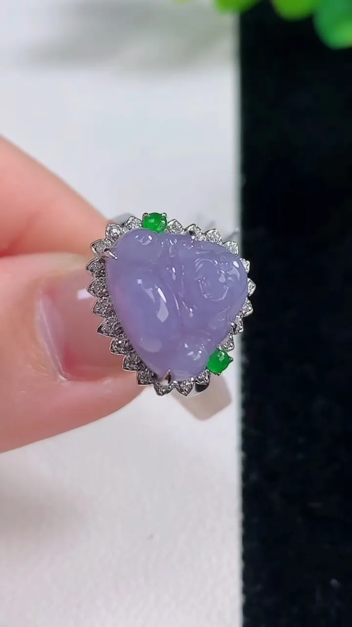 天然A货翡翠18K金紫罗兰佛公戒指，尺寸17.6-10.8-12.6-10.7，重量:3.91g20