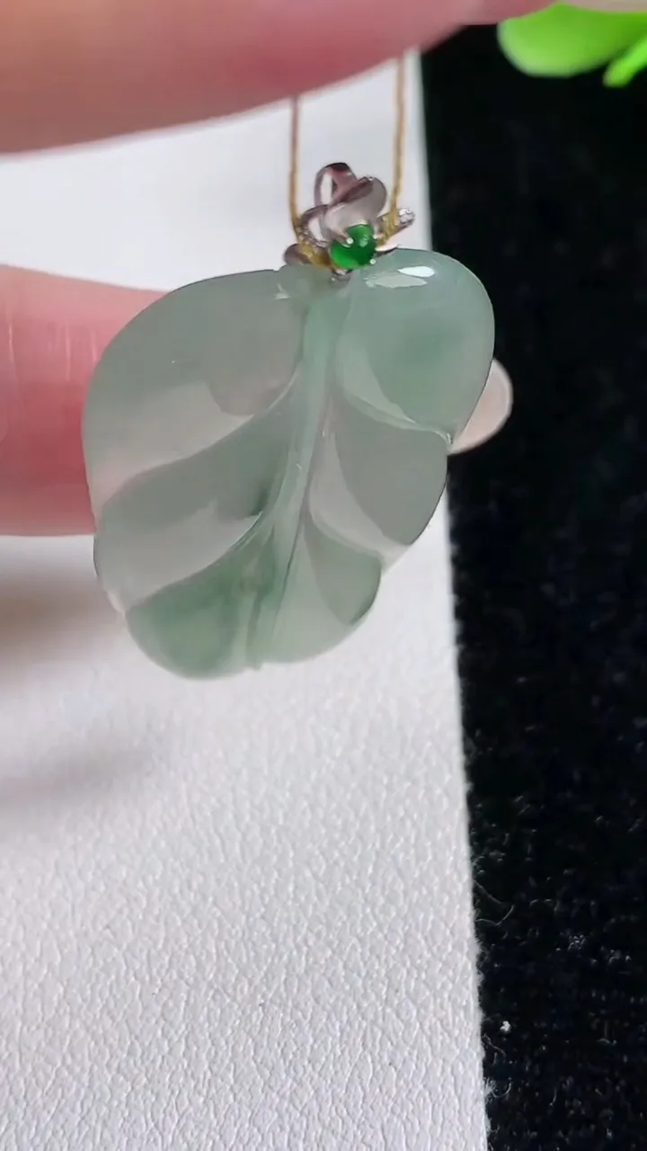 天然A货翡翠种飘花金枝玉叶 叶子吊坠，尺寸33.6-21.6-3.6，重量:5.87g
12月12日