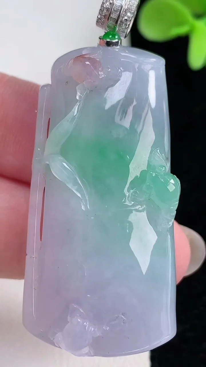 天然A货翡翠18K金春带彩紫罗兰节节高升 竹节吊坠，尺寸46.3-23.2-11.3，重量:27.8