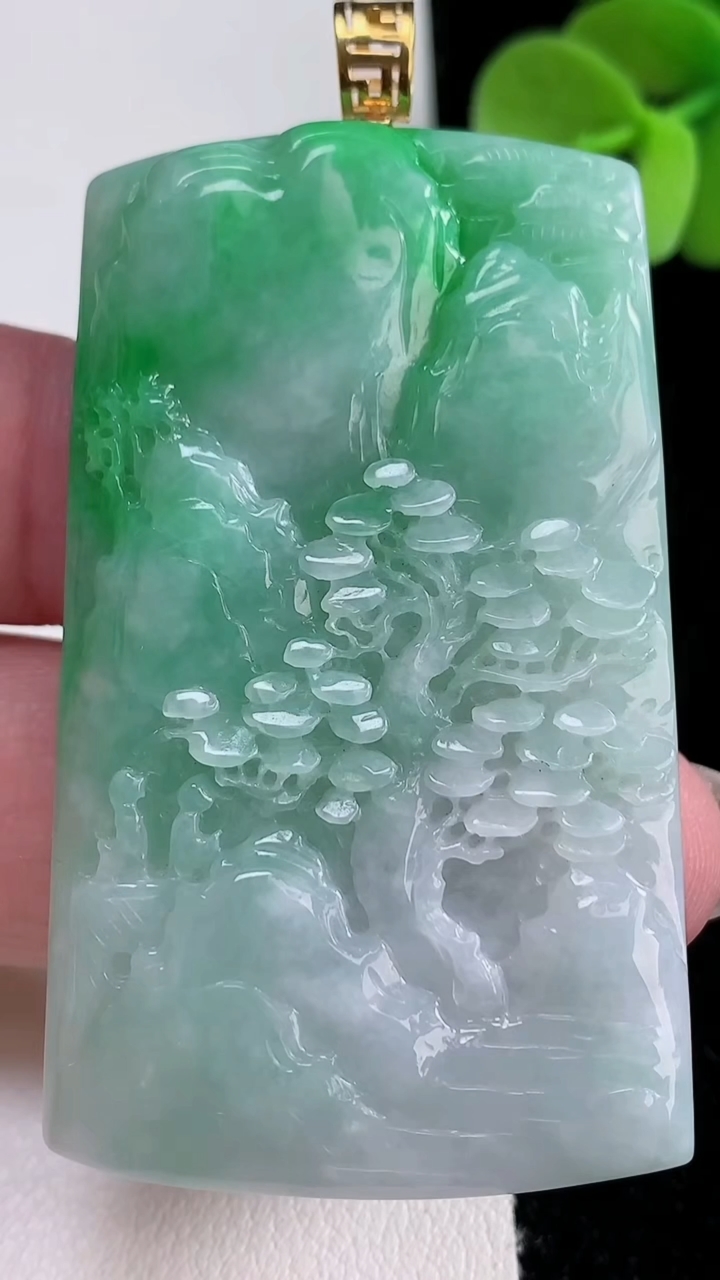 天然A货翡翠山水牌吊坠，尺寸55.7-33.5-5.2，重量:28.75g
12月12日