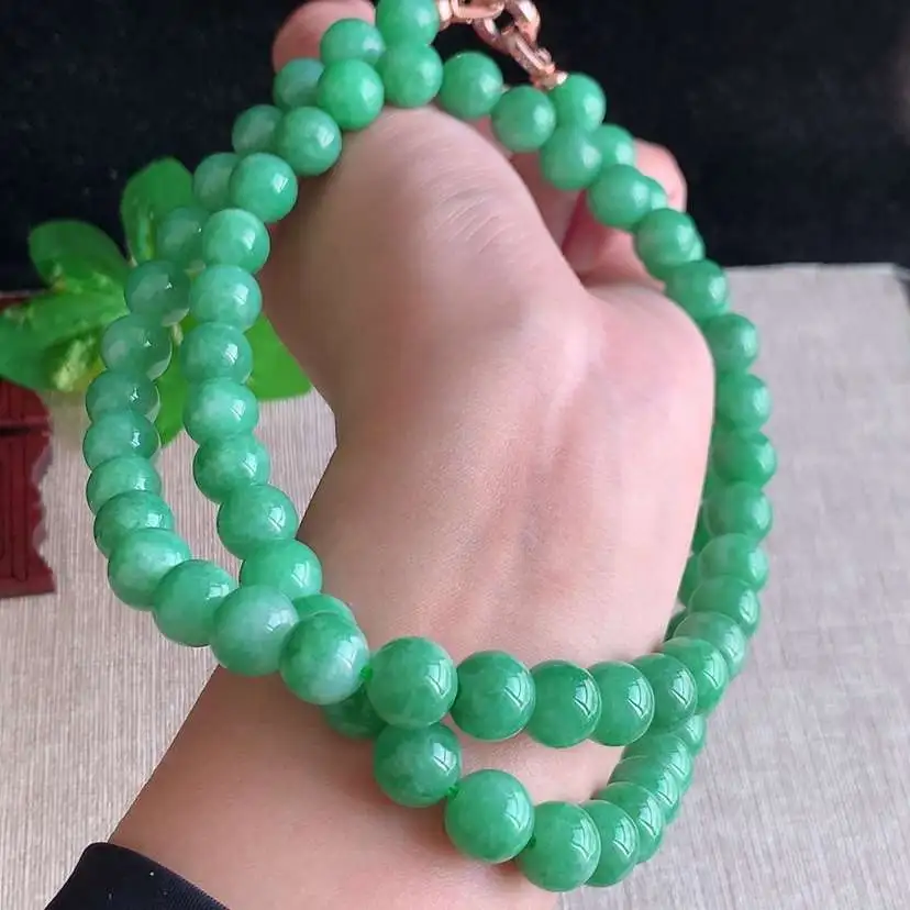 a货翡翠冰种满绿圆珠项链毛衣链48颗 尺寸10mm 重量123.28g 1211