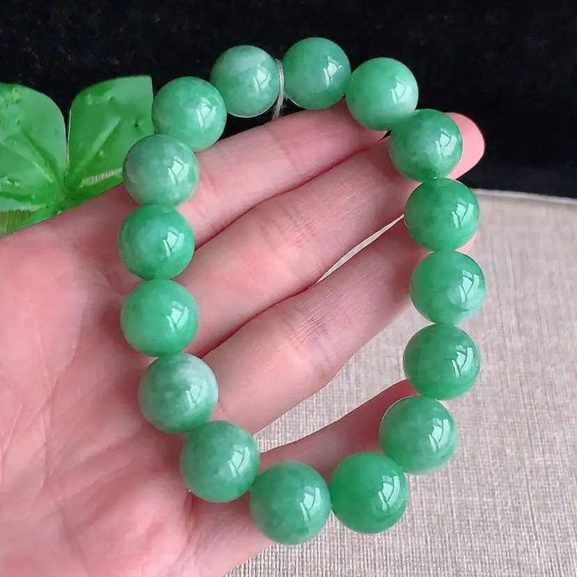 a货翡翠冰种满绿圆珠佛珠手串16颗 尺寸13mm 重量64.63g 1212