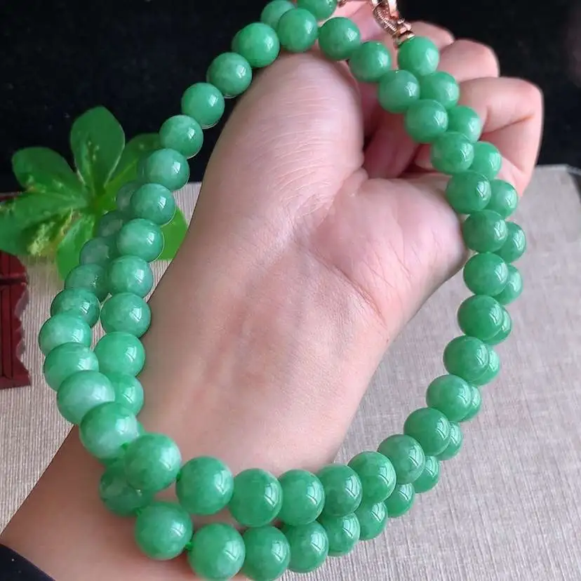 a货翡翠冰种满绿圆珠项链毛衣链48颗 尺寸10mm 重量123.28g 1211