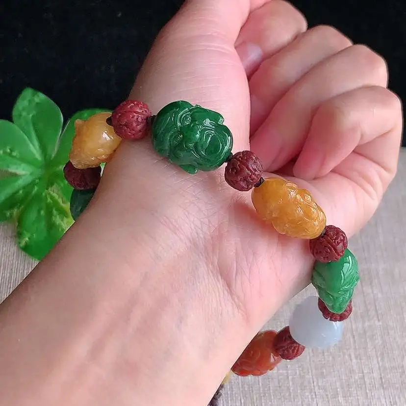 a货翡翠冰种多彩罗汉手串， 尺寸18.4×14.5×10.4mm 重量53.00g 1211