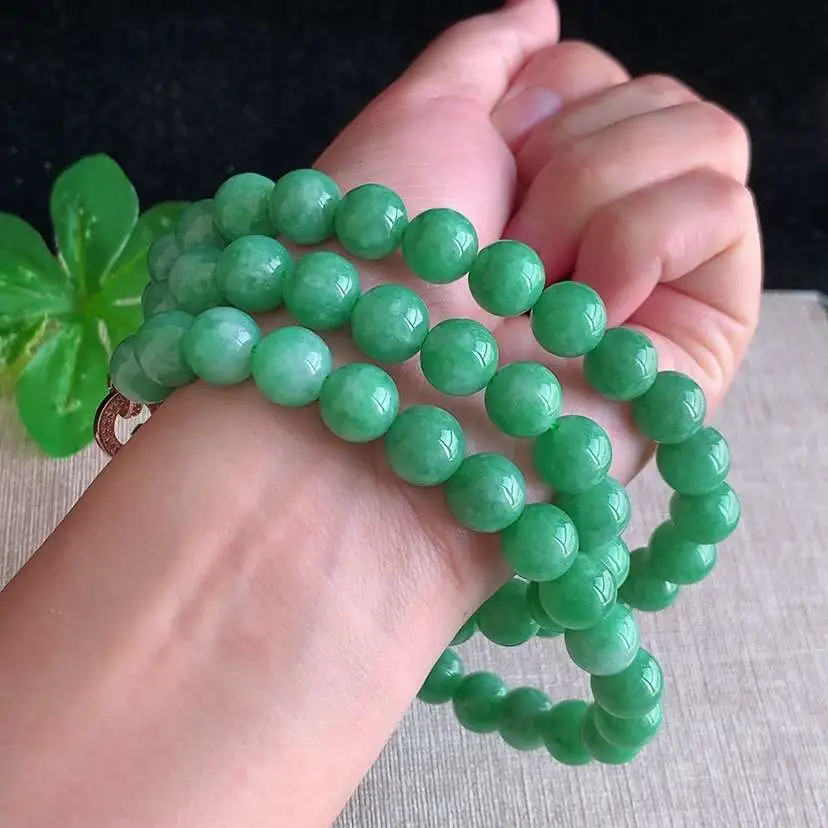 a货翡翠冰种满绿圆珠项链毛衣链48颗 尺寸10mm 重量123.28g 1211