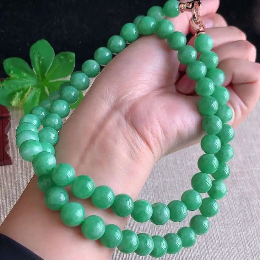 a货翡翠冰种满绿圆珠项链毛衣链48颗 尺寸10mm 重量123.28g 1211