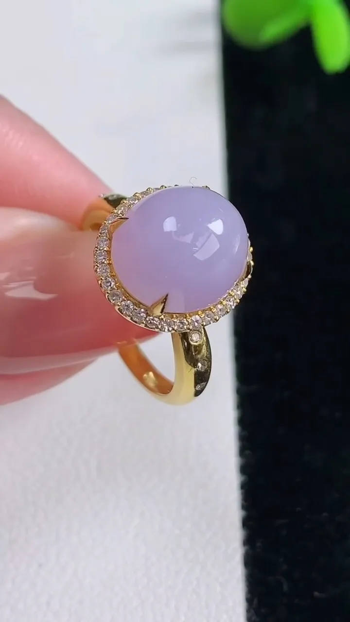 天然A货翡翠18K金紫罗兰蛋面戒指，尺寸17.4-11.5-10.2-10.8，重量:4.16g20