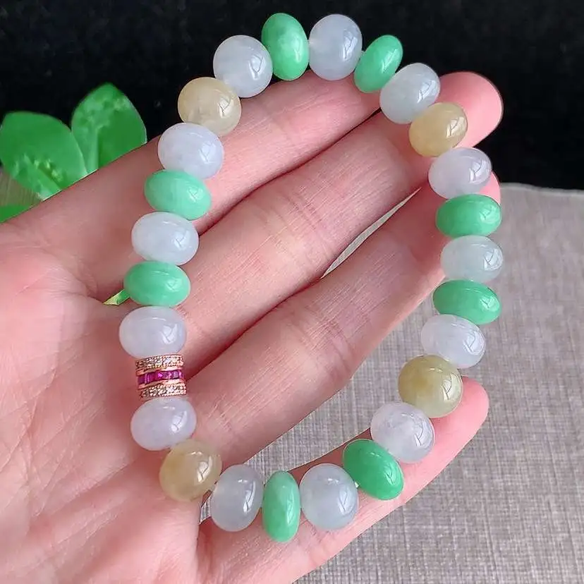 a货翡翠冰种三彩算盘珠手串25颗  尺寸10×6.7mm 重量34.06g 1216