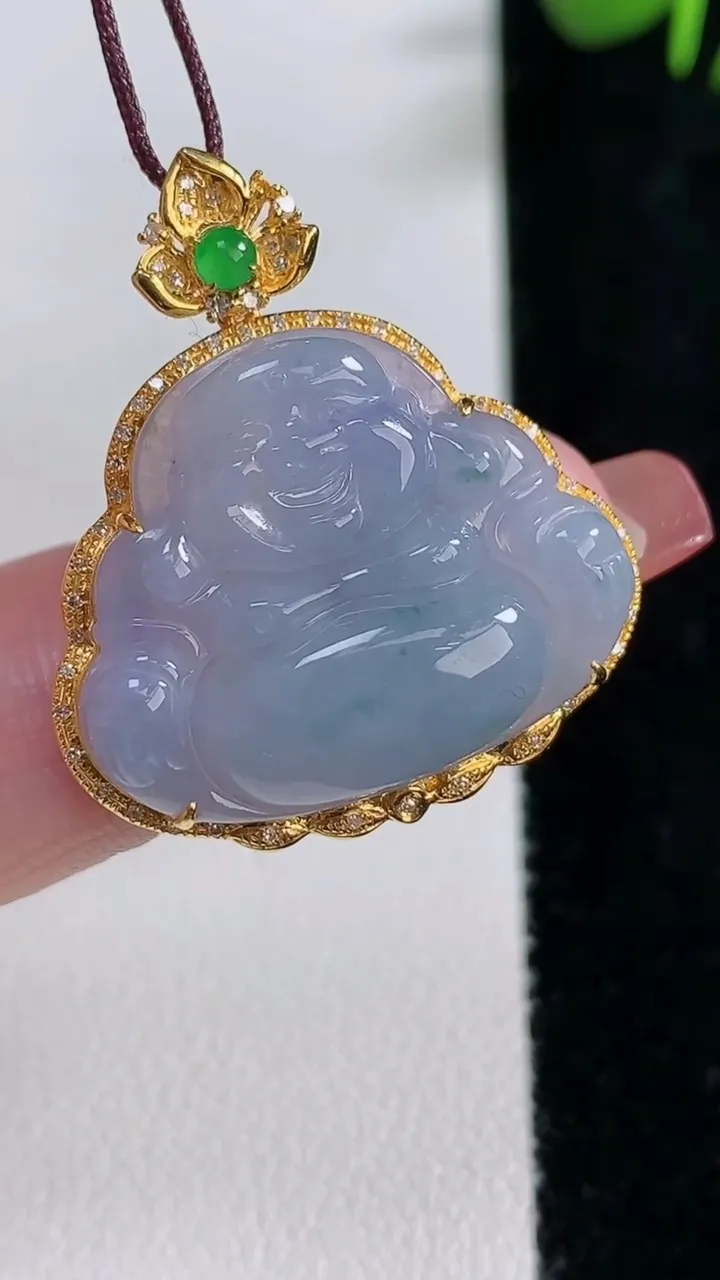 天然A货翡翠18K金紫罗兰佛公吊坠，尺寸29.7-26-7.6，裸石19.5-23.7重量:5.42