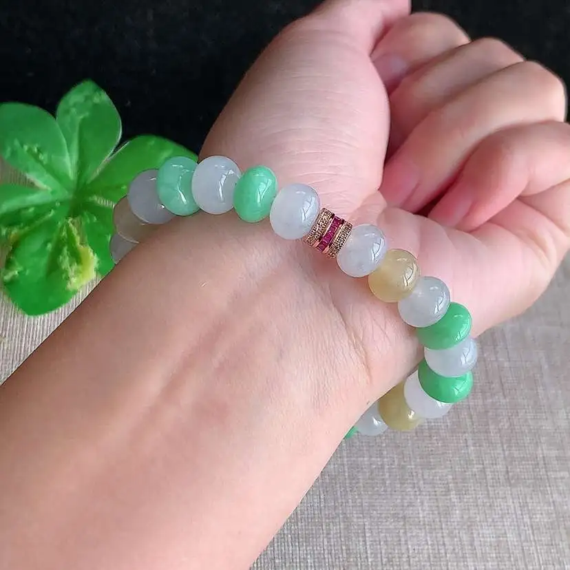 a货翡翠冰种三彩算盘珠手串25颗  尺寸10×6.7mm 重量34.06g 1216