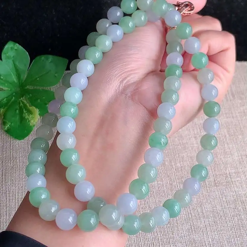 a货翡翠冰种淡紫罗兰甜绿圆珠项链毛衣链70颗  尺寸8.5mm 重量88.46g 1216