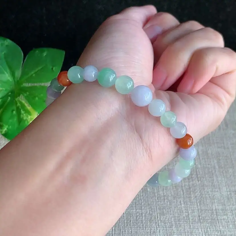 a货翡翠冰种多彩圆珠佛珠手串28颗 尺寸7mm 重量17.44g 1216