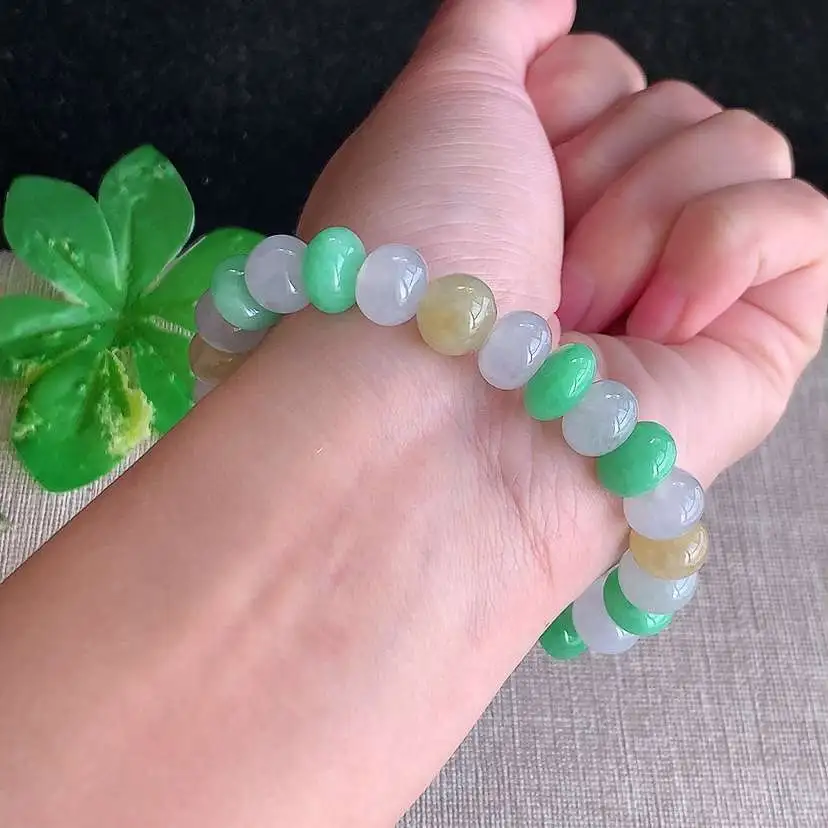 a货翡翠冰种三彩算盘珠手串25颗  尺寸10×6.7mm 重量34.06g 1216