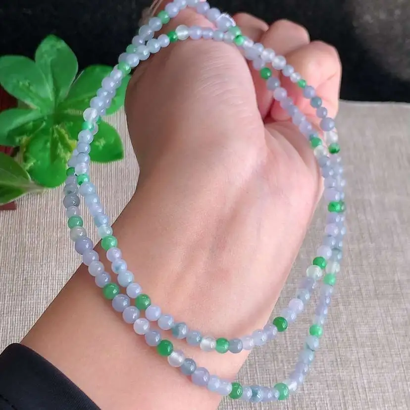 a货翡翠冰种紫罗兰满绿圆珠小米珠项链毛衣链  尺寸4mm 重量20.38g 1216