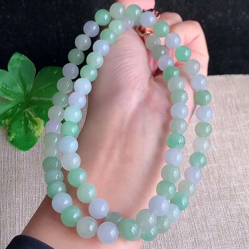 a货翡翠冰种淡紫罗兰甜绿圆珠项链毛衣链70颗  尺寸8.5mm 重量88.46g 1216