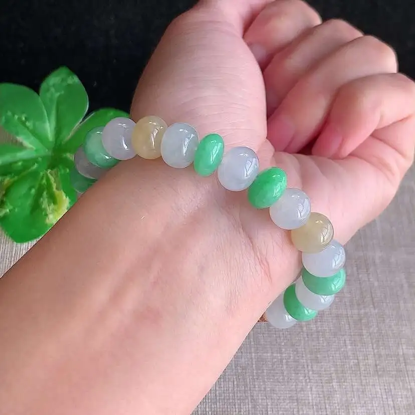 a货翡翠冰种三彩算盘珠手串25颗  尺寸10×6.7mm 重量34.06g 1216