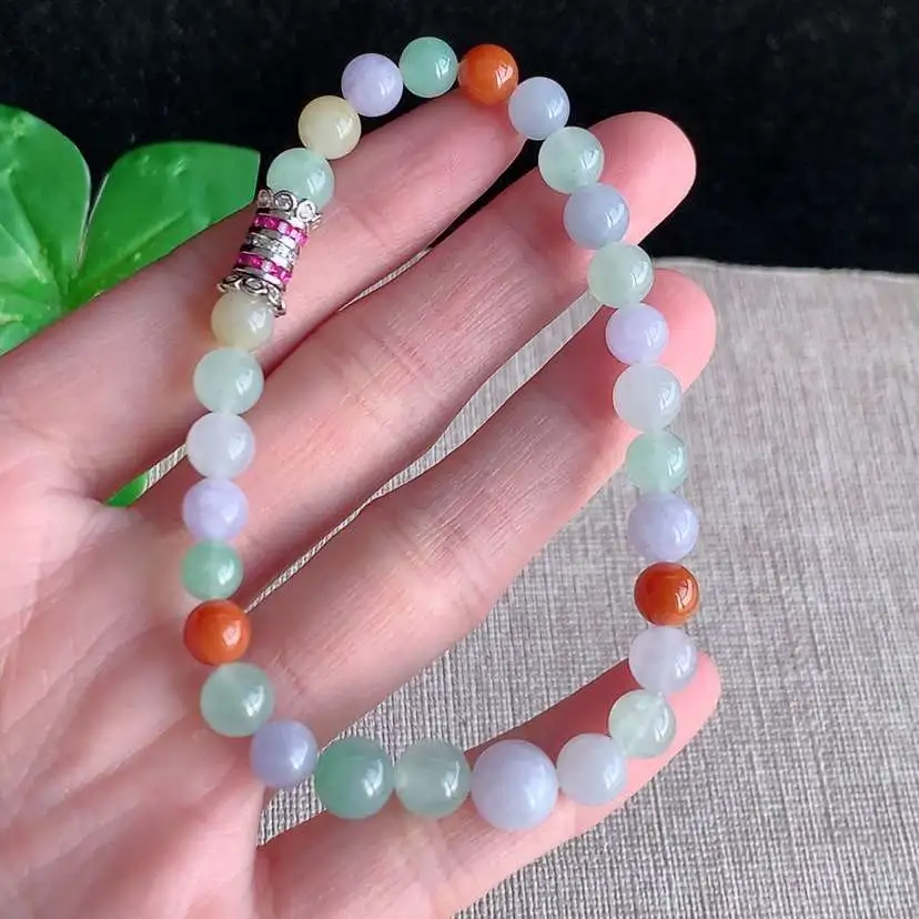 a货翡翠冰种多彩圆珠佛珠手串28颗 尺寸7mm 重量17.44g 1216