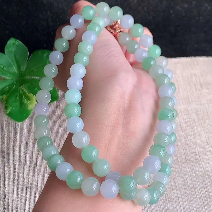 a货翡翠冰种淡紫罗兰甜绿圆珠项链毛衣链70颗  尺寸8.5mm 重量88.46g 1216