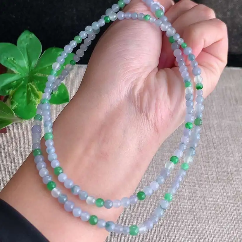 a货翡翠冰种紫罗兰满绿圆珠小米珠项链毛衣链  尺寸4mm 重量20.38g 1216