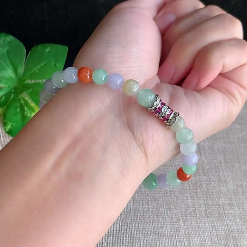 a货翡翠冰种多彩圆珠佛珠手串28颗 尺寸7mm 重量17.44g 1216