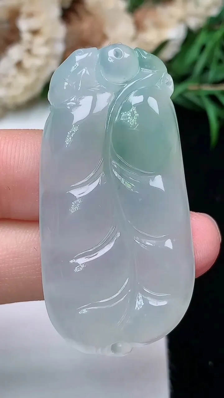 天然A货翡翠金枝玉叶 叶子吊坠，尺寸44.9-22.6-5.8，重量:12.47g
12月18日