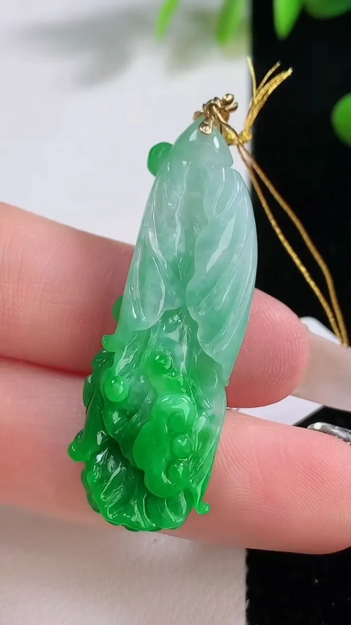 天然A货翡翠白菜吊坠，尺寸42-14.3-6.3，重量:6.89g
12月18日