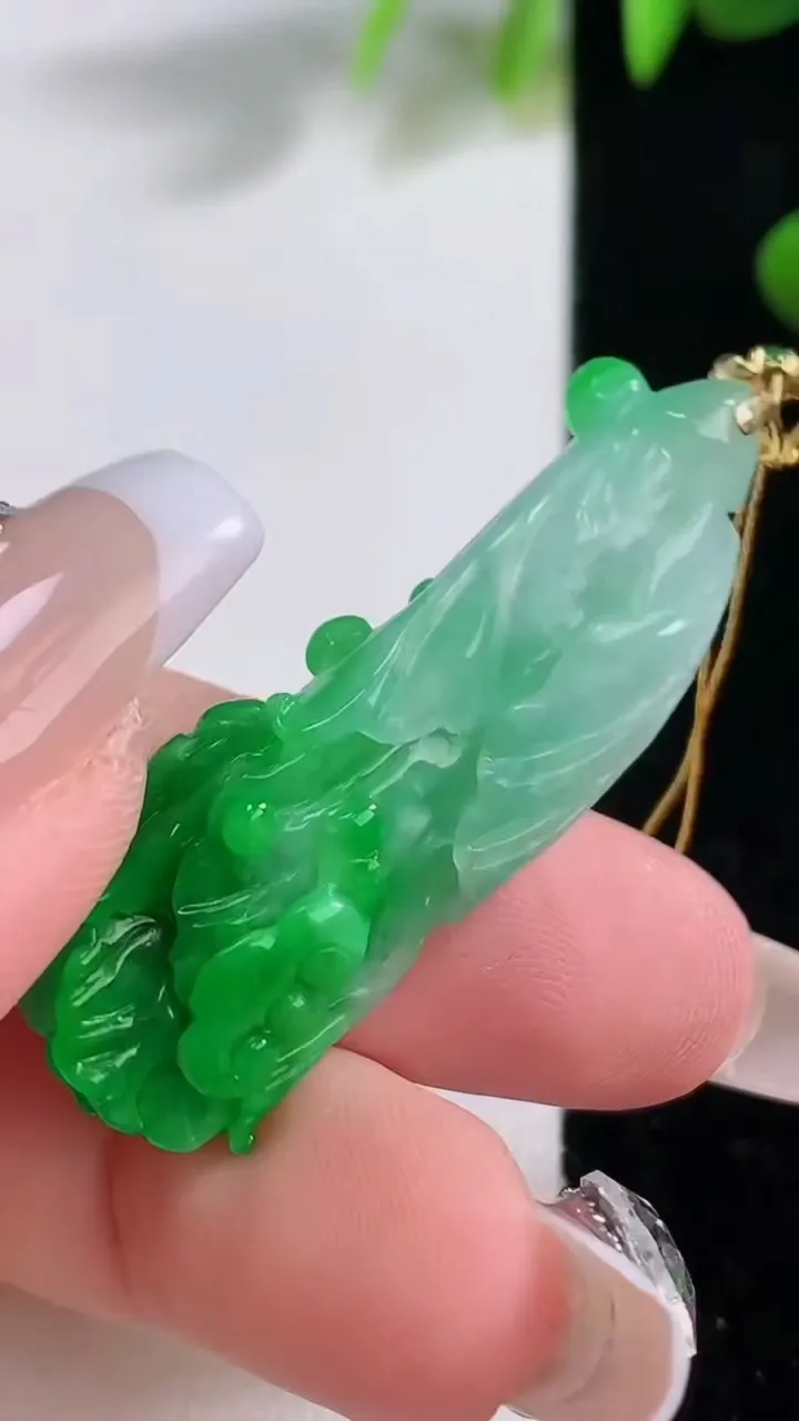 天然A货翡翠白菜吊坠，尺寸42-14.3-6.3，重量:6.89g
12月18日