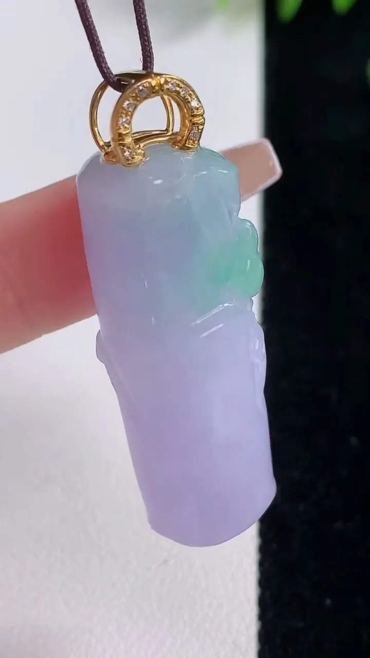 天然A货翡翠18K金春带彩紫罗兰节节高升 竹节吊坠，尺寸38.5-13.3-11.2，重量:15.8