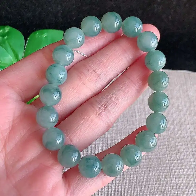 a货翡翠冰种飘花圆珠佛珠手串19颗 尺寸9.6mm 重量32.58g 1218