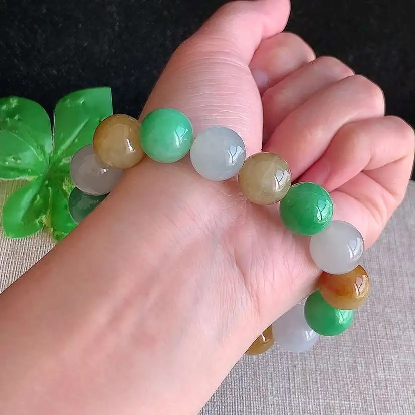 a货翡翠冰种三彩圆珠佛珠手串16颗  尺寸12.5mm 重量64.12g 1218